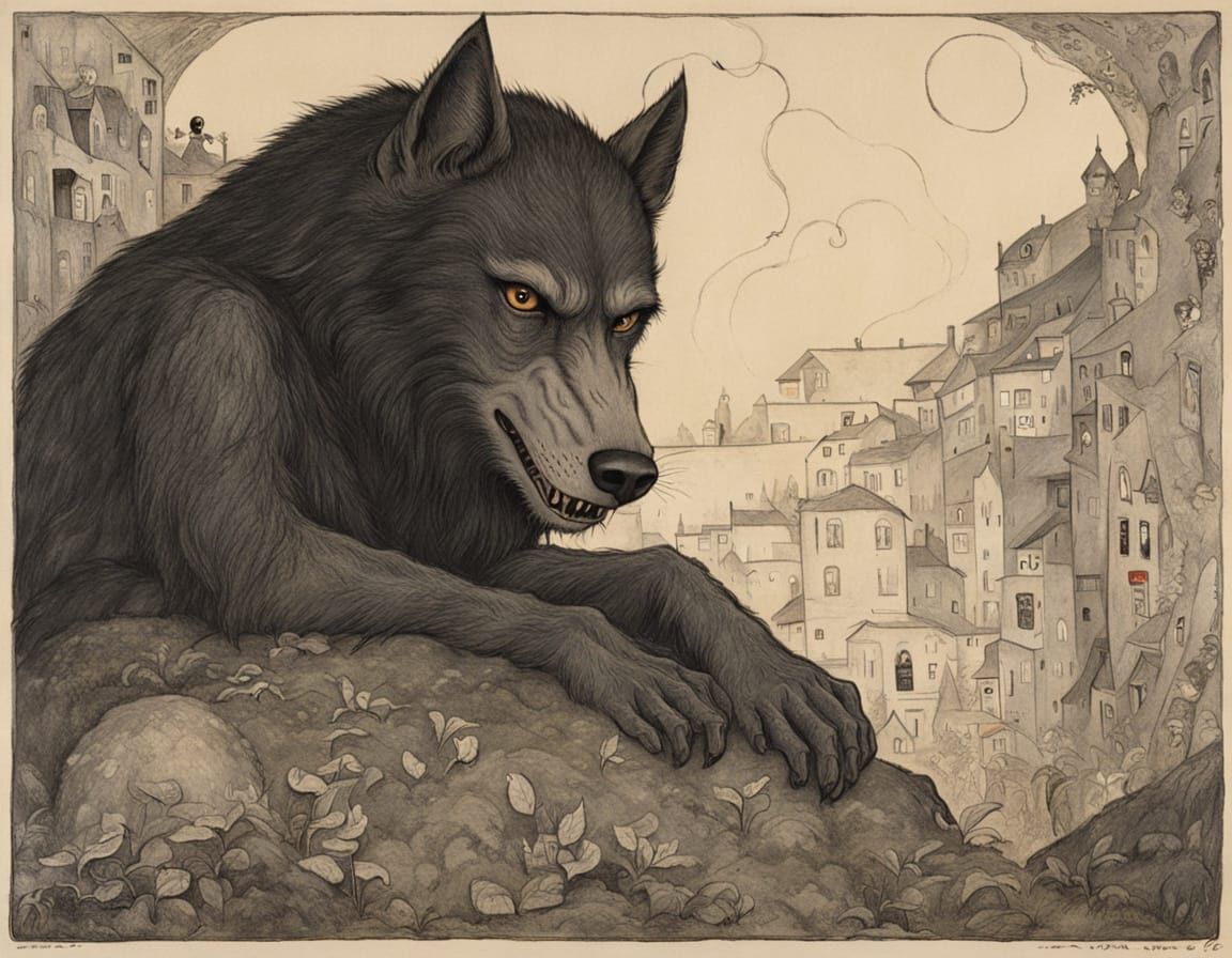 Giant Mountain Werewolf in Klimt and Kubin Style