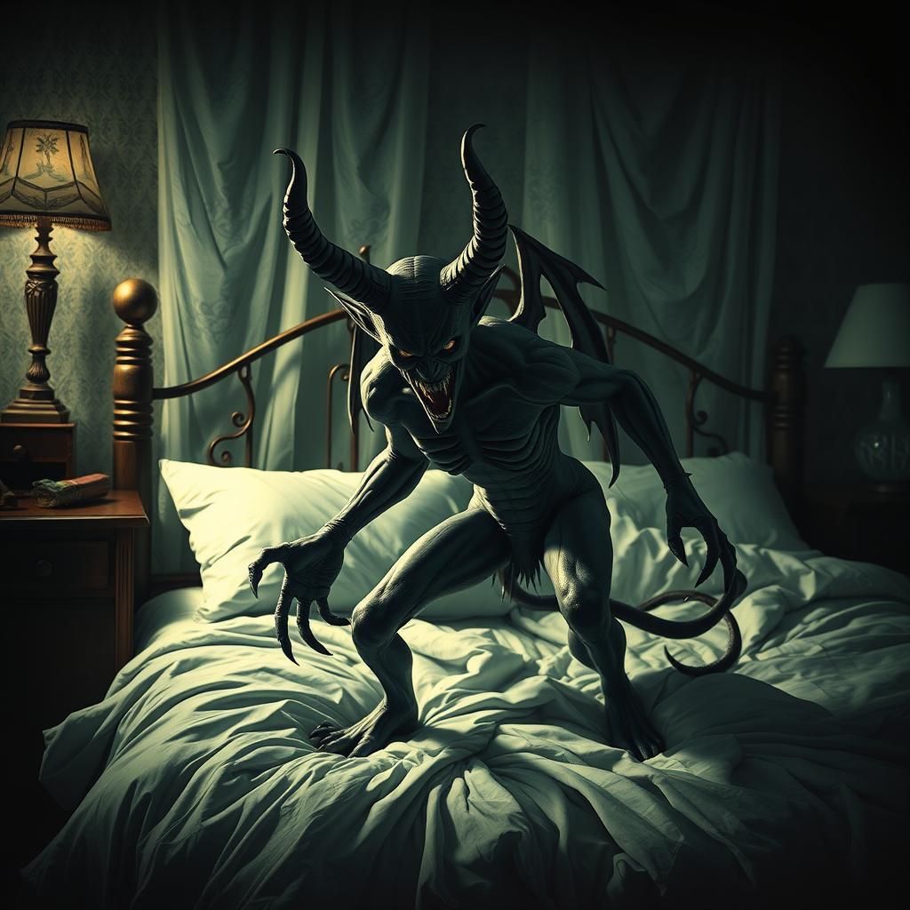 Nightmarish Dream Devil at a Frightened Woman's Bed