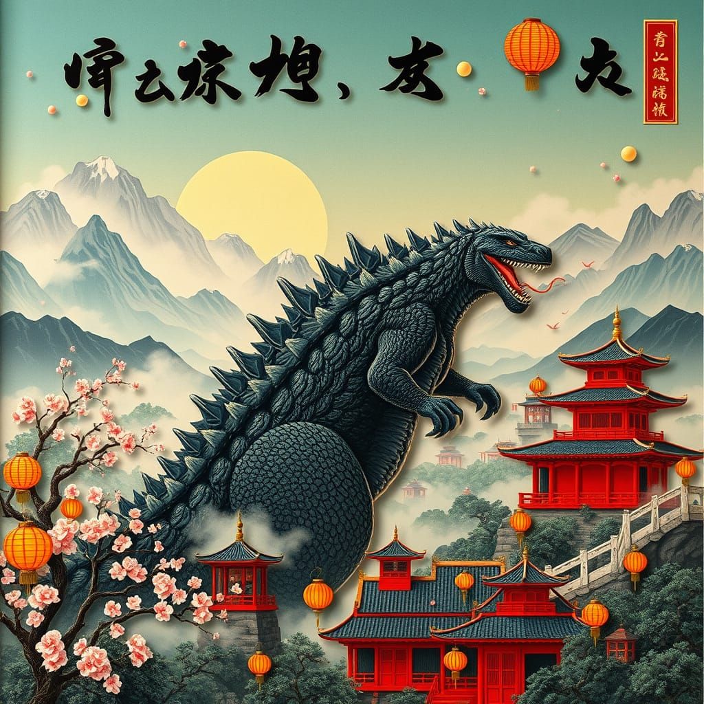 Godzilla in Traditional Chinese Art Style