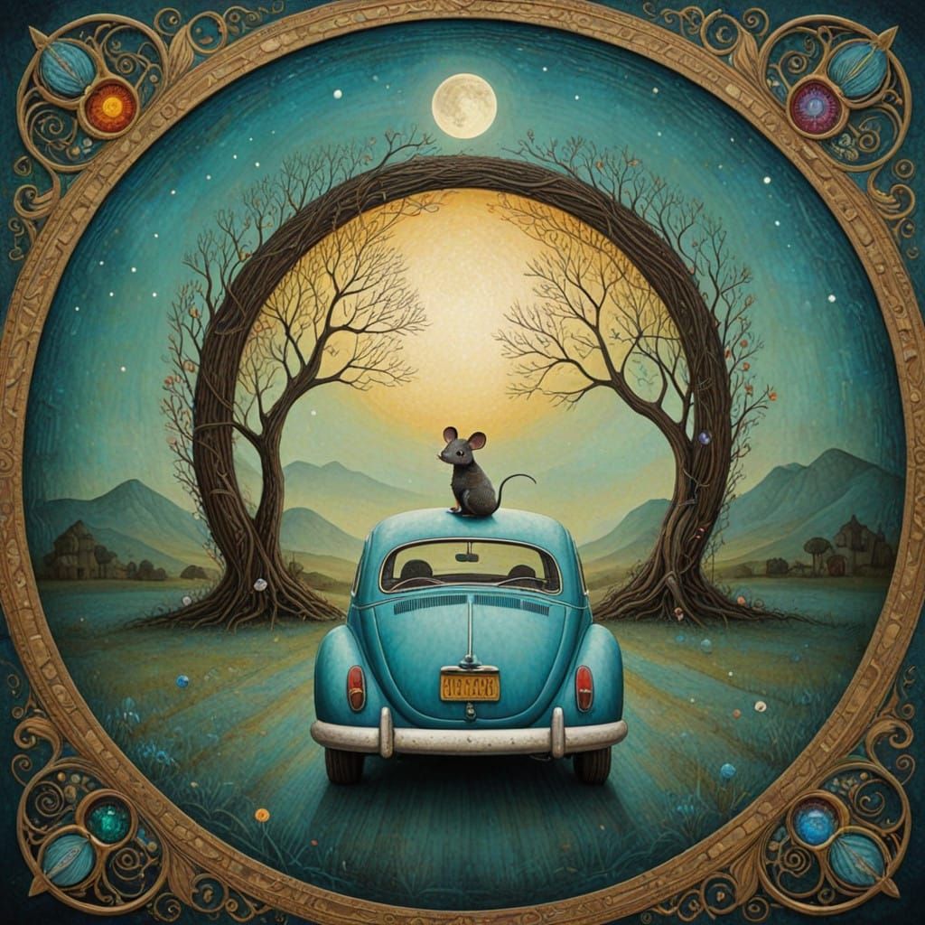 Ethereal Fantasy Car and Mouse in Vivid Circle Art