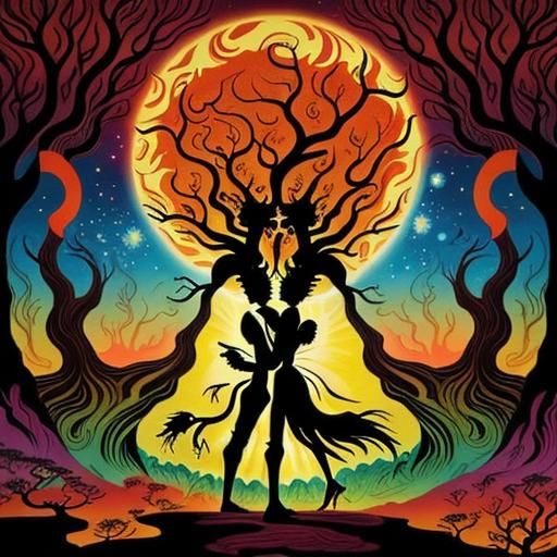 Psychedelic Creatures Dancing Silhouetted Against Galactic B...