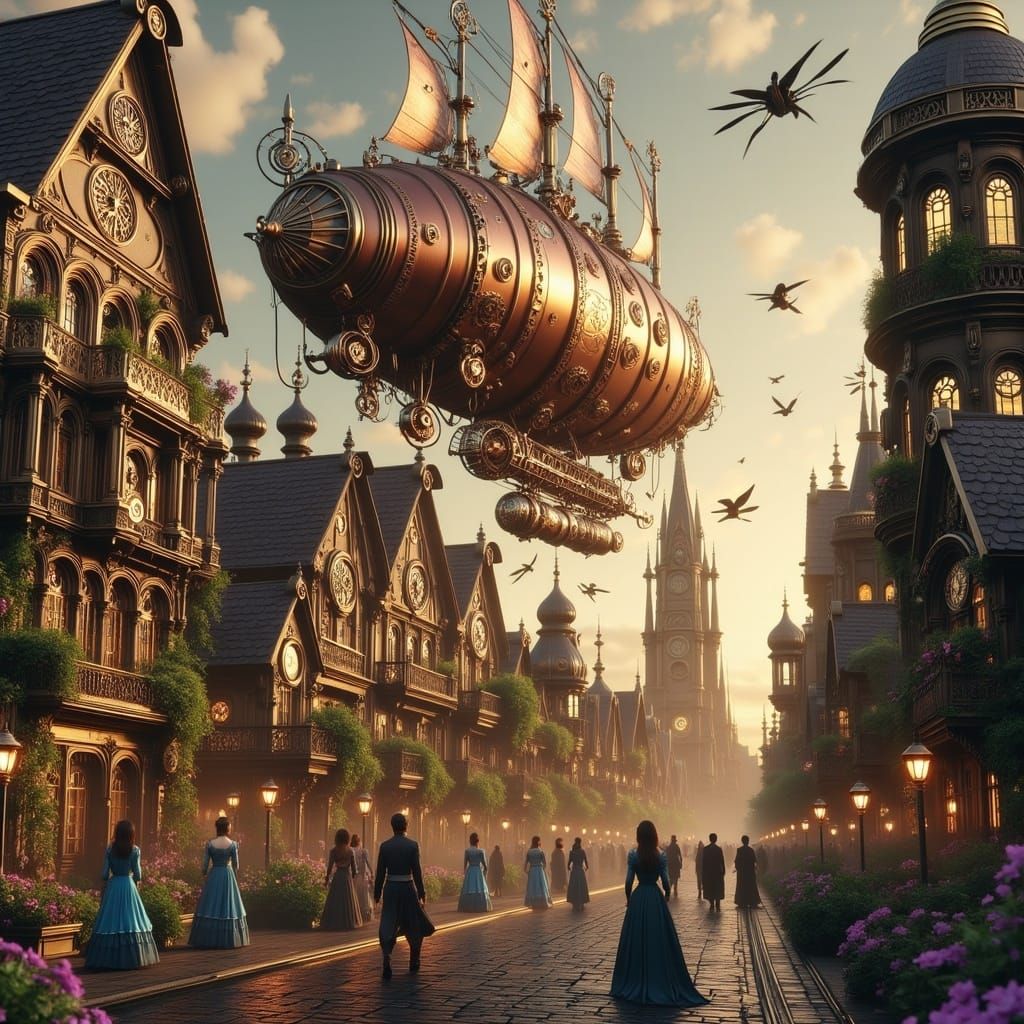 Ethereal Steampunk Victorian Street Scene with Whimsical Clo...