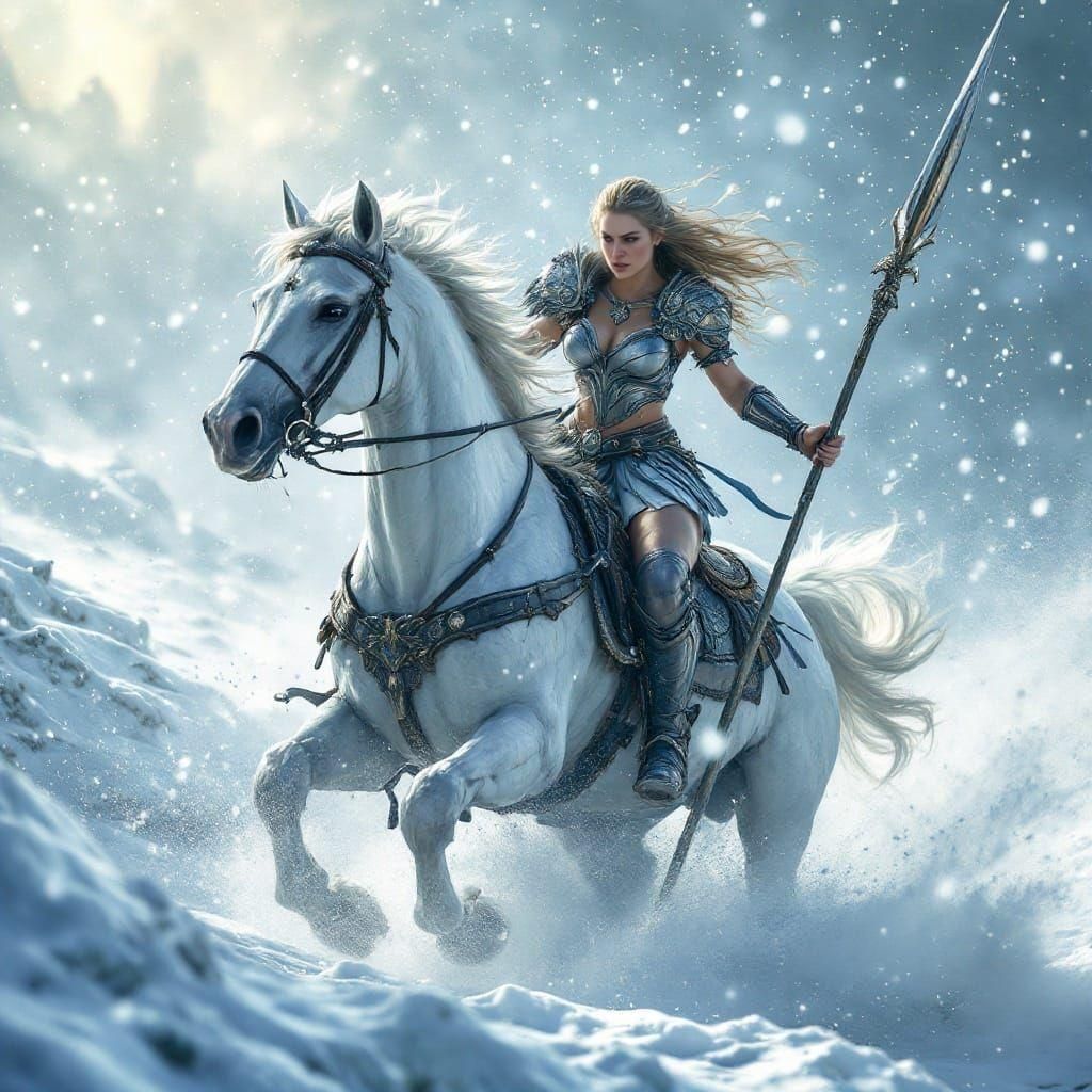 Viking Valkyrie Rides into Blizzard in Detailed Hyperrealist...