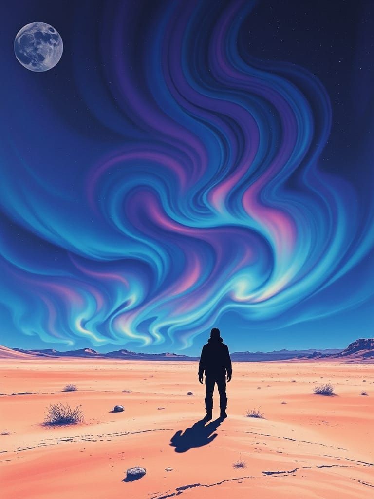 Lone Traveler Under Aurora Borealis: 1980s Illustration