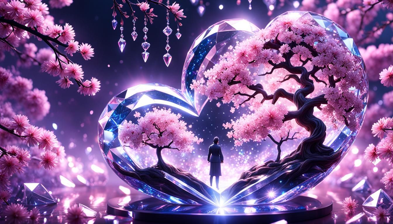 Epic Crystal Heart with Sakura Tree: CGI Masterpiece
