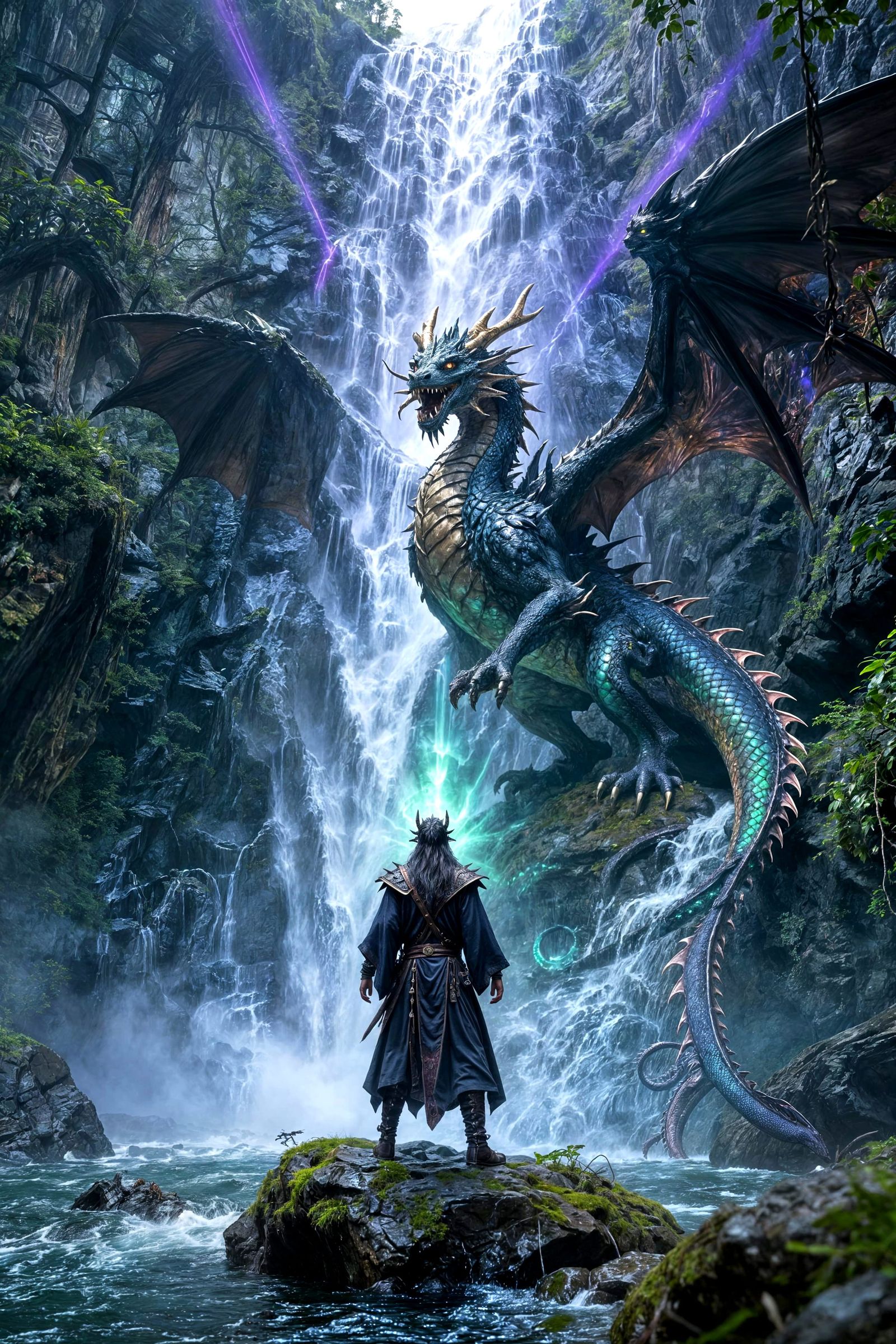 Dragon Rises From Waterfall With Evoking Sorcerer