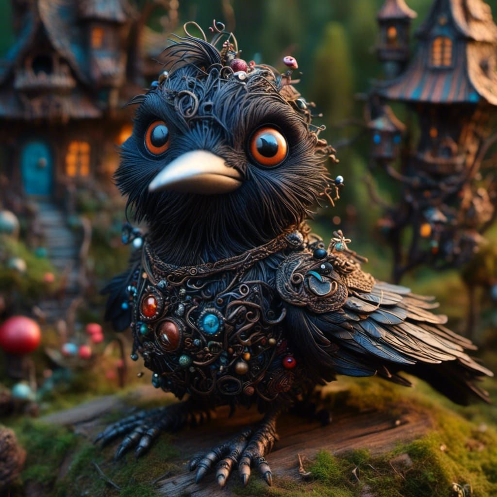 Whimsical Raven in Enchanted Fairy Forest