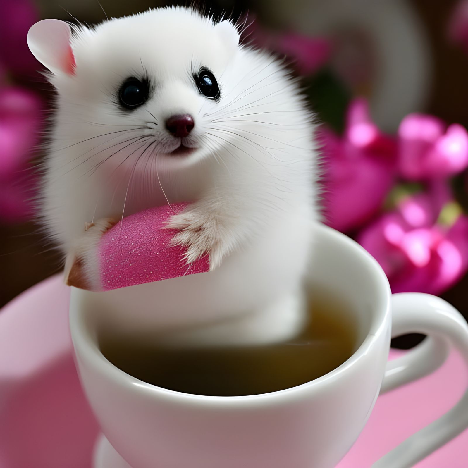 Snow white Japanese Weasel nestled in a pink tea cup