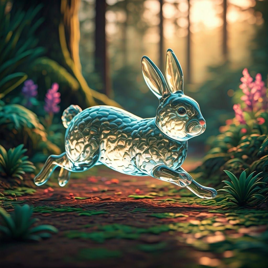 Glass Rabbit Runs Through Dewy Forest