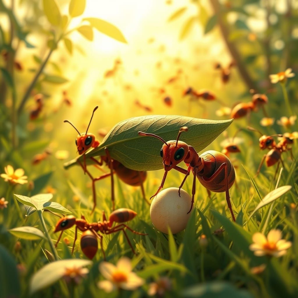 Vibrant Ants in a Sun-Drenched Meadow Scene, Disney-Inspired...