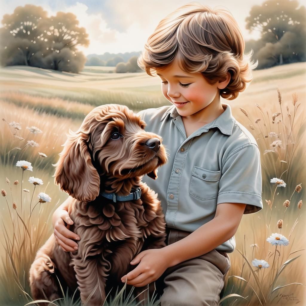 Heartwarming Boy and Puppy Embrace in Ink Wash