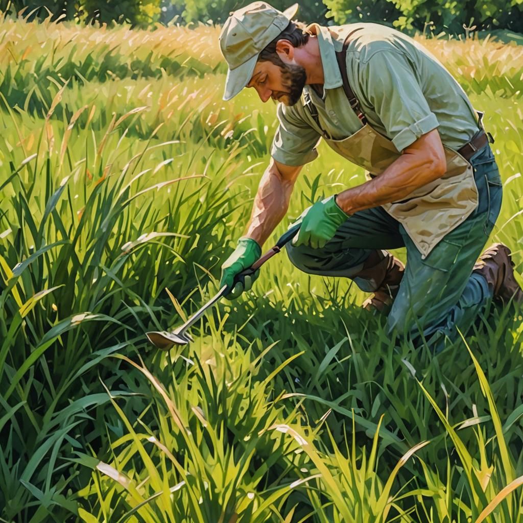 Impressionist Gardener in Lush Meadow Landscape