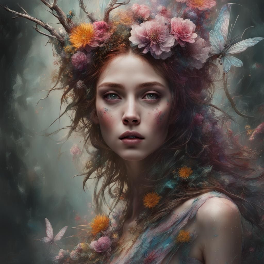 Titania, Fairy Queen, in Elaborate Oil Painting