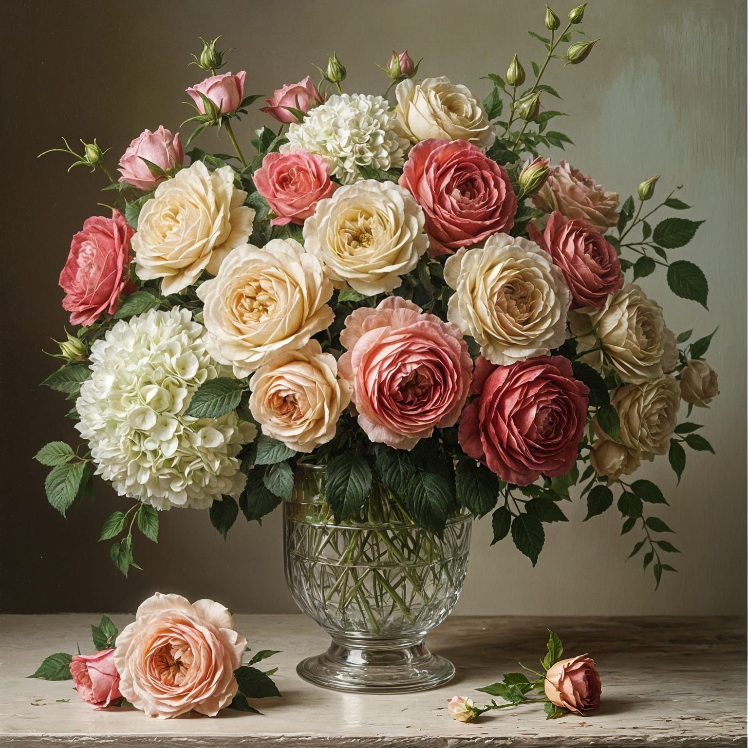 Vintage Roses in an Antique Cut Glass Vase, Oil Painting