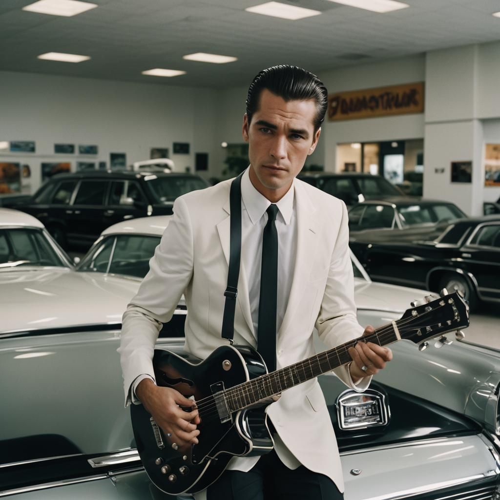 Retro Car Dealership Scene with Guitar Player