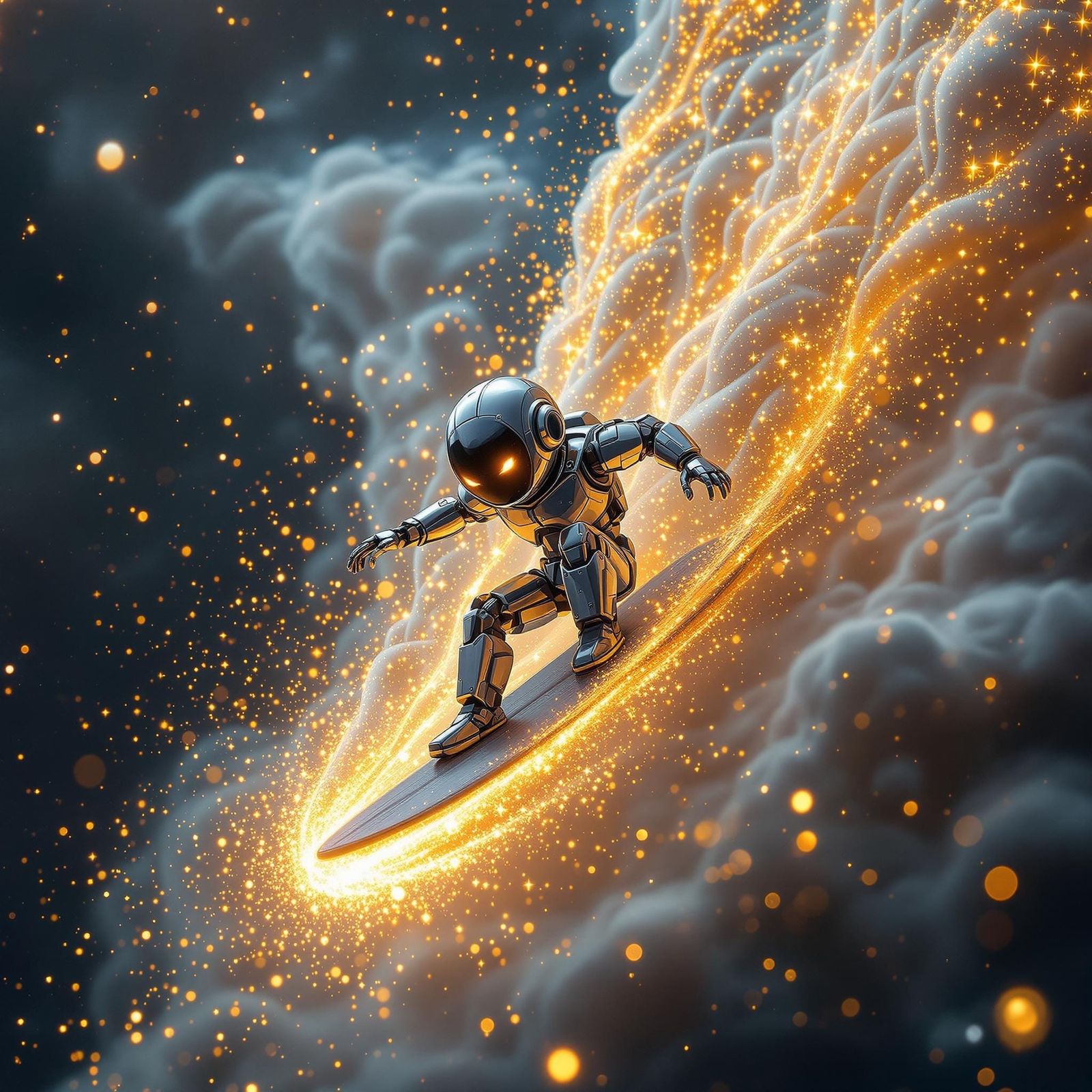 Worm's eye view of a kawaii metallic robot surfer made from ...