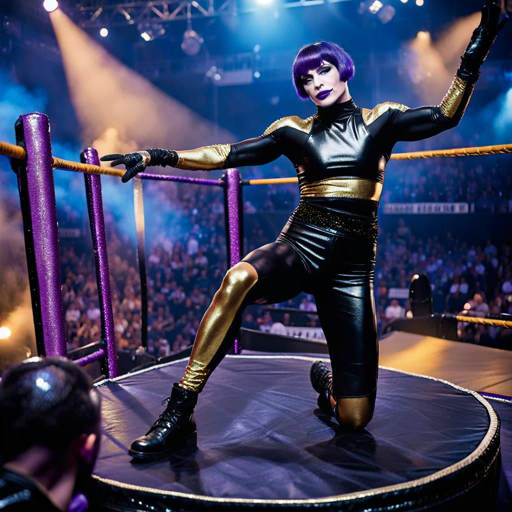 Goth Wrestler with Glitter Makeup in Wrestling Ring