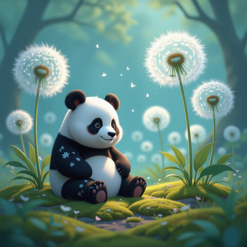 Whimsical Panda in Enchanted Grove of Glowing Dandelions