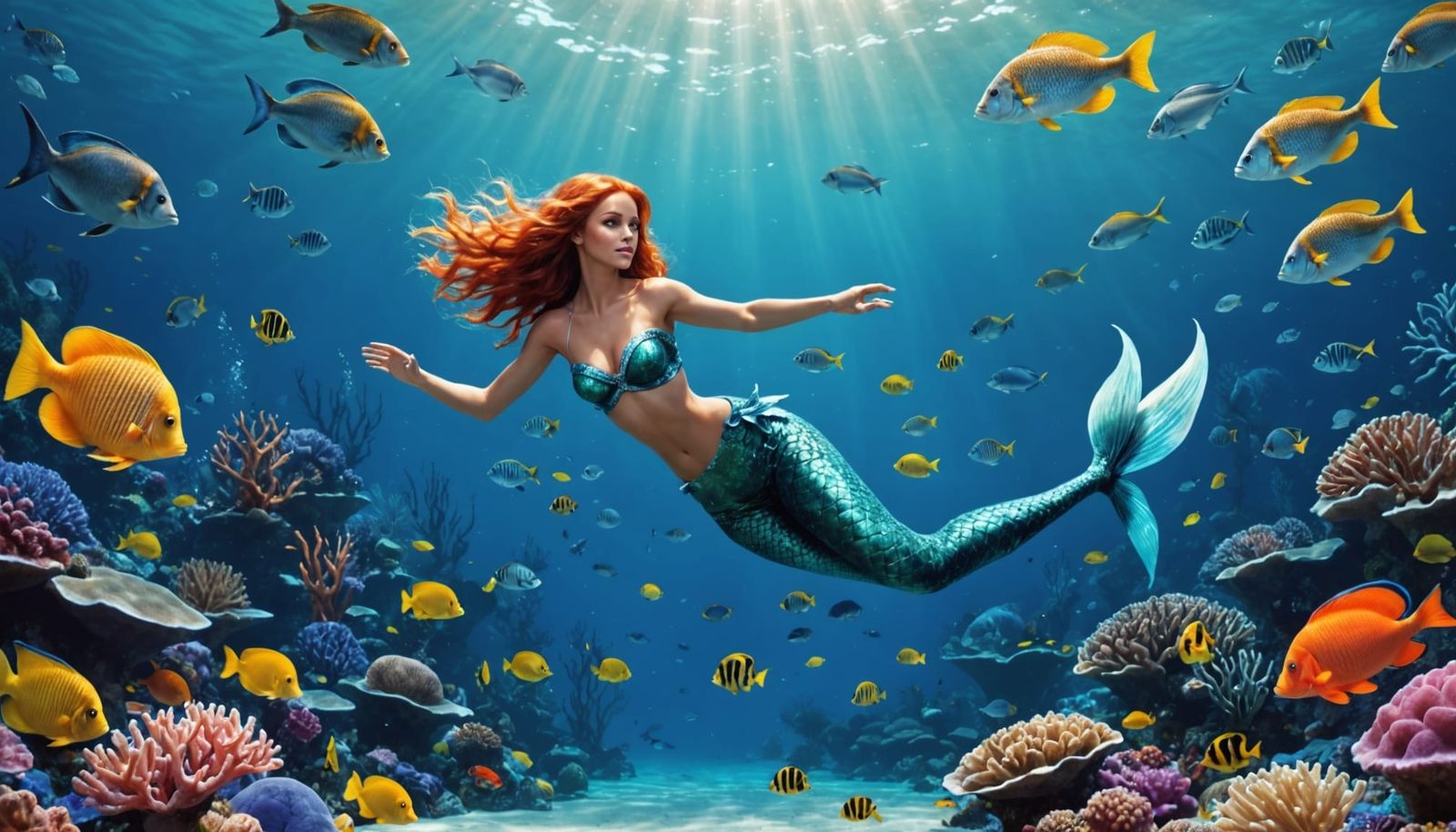 Mermaid Swimming in a Coral Reef