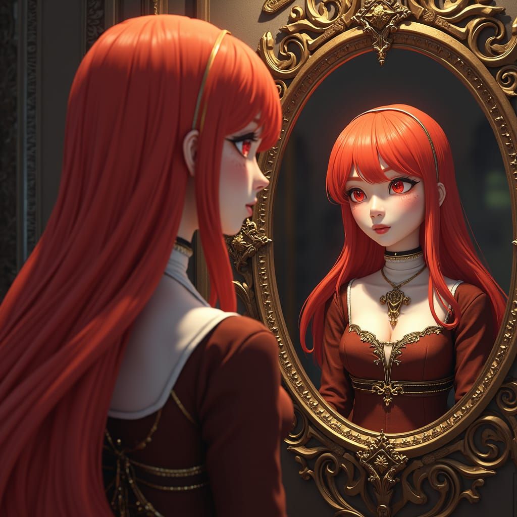 Red-Haired Nun Admiring Reflection in Anime Style