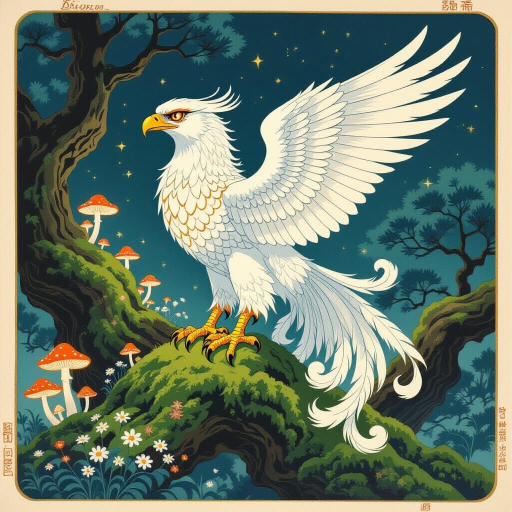 Majestic Griffin on Oak Tree in Japanese Woodblock Style