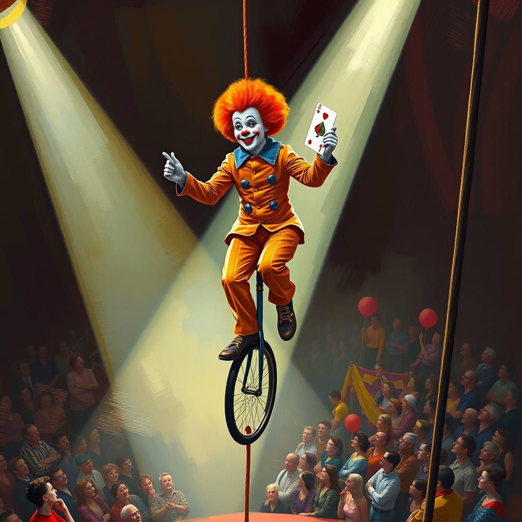 Vibrant Clown Teeters on Thin Rope