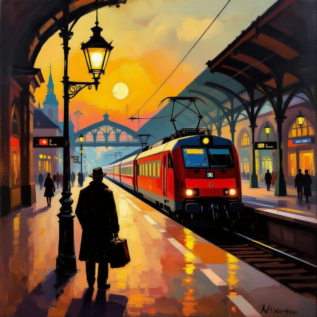 Lone Traveler Awaits Train in Neo-Expressionist German Stati...