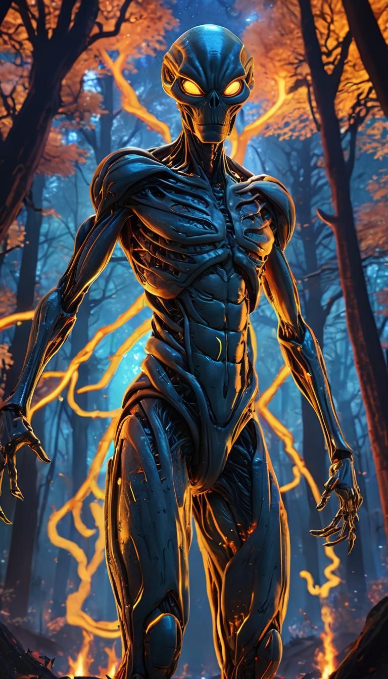 Cartoon Alien with Glowing Trees: Anime Style