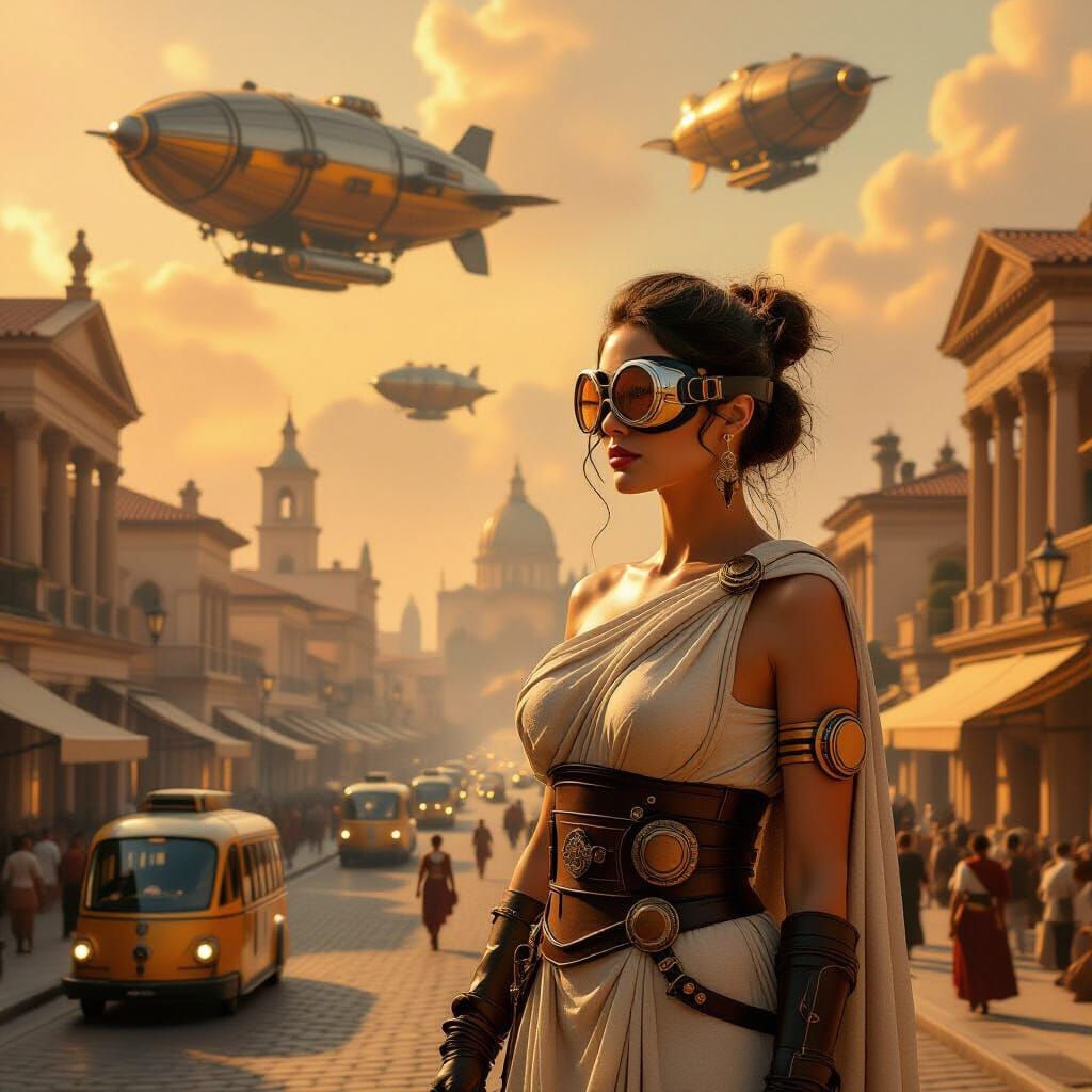 Steampunk Woman in Roman Metropolis with Airships