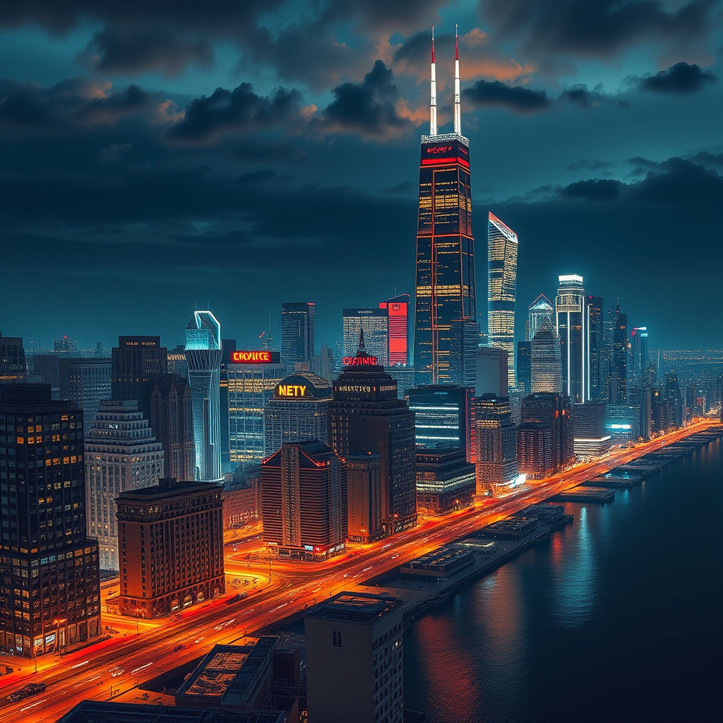 Chicago Night Skyline in Futuristic Urban Style