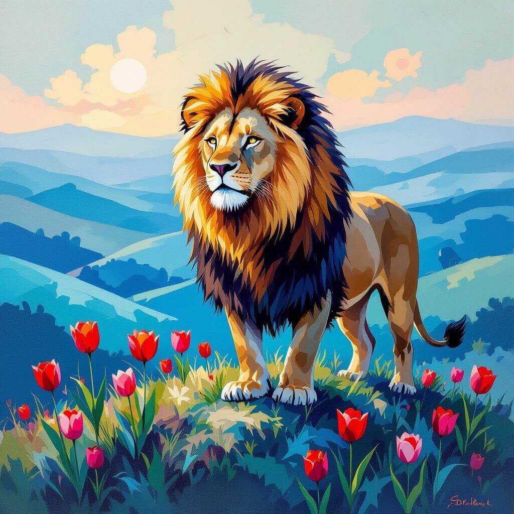 Lion with Tulip Mane in Gouache and Watercolor Style