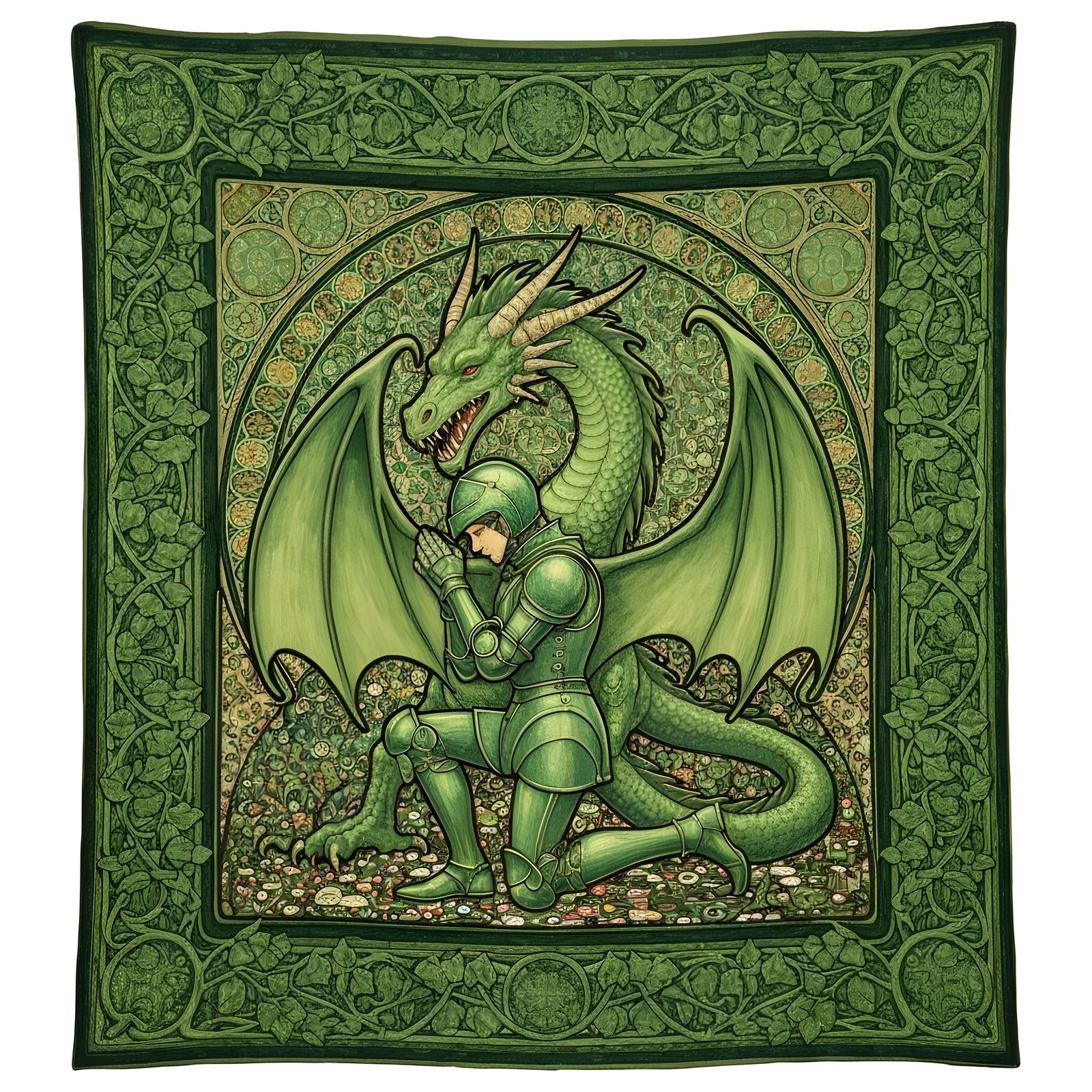 Art Nouveau Tapestry: Knight Kneels Before Green Dragon