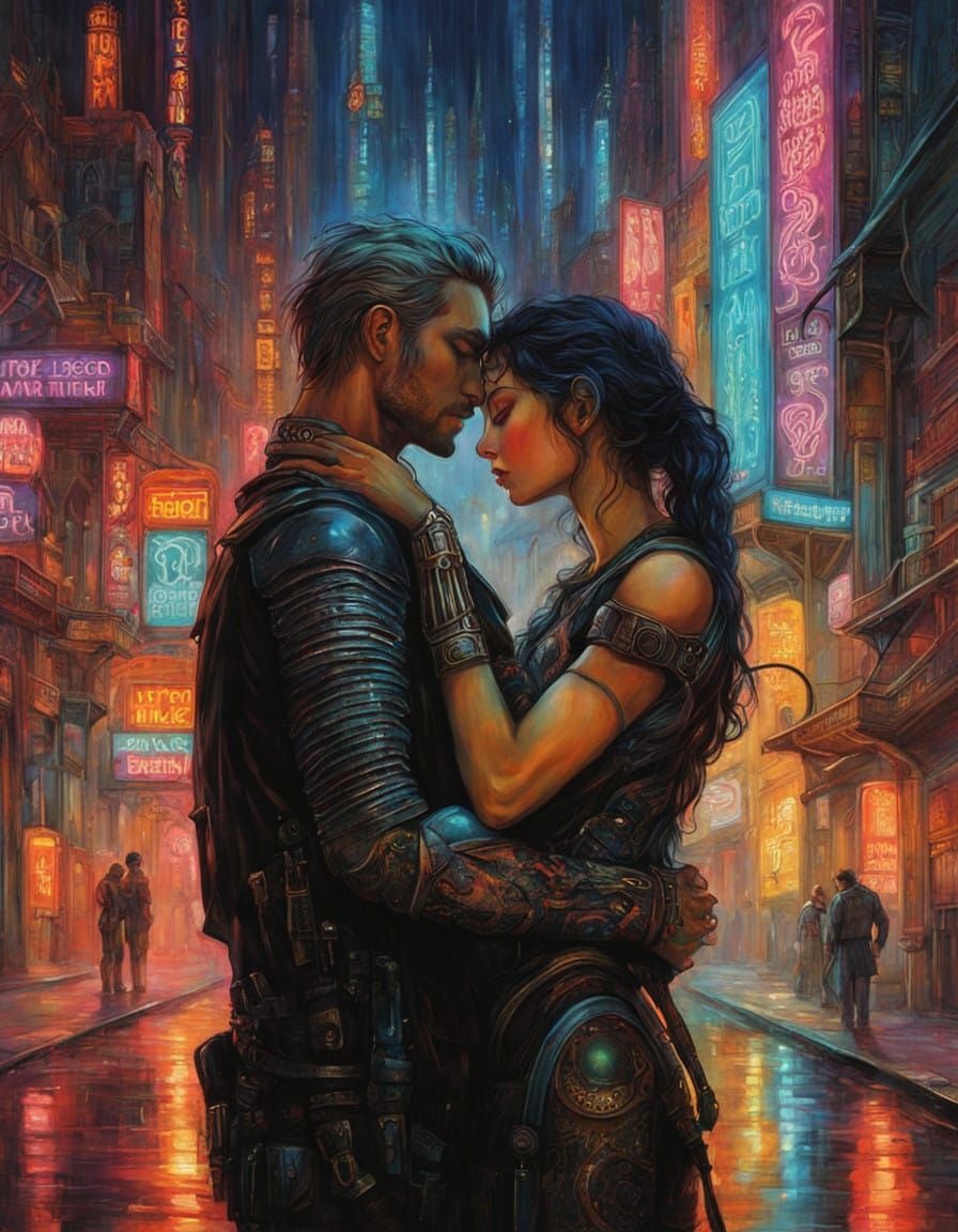 Cyberpunk Cityscape at Night with Cyborg Lovers