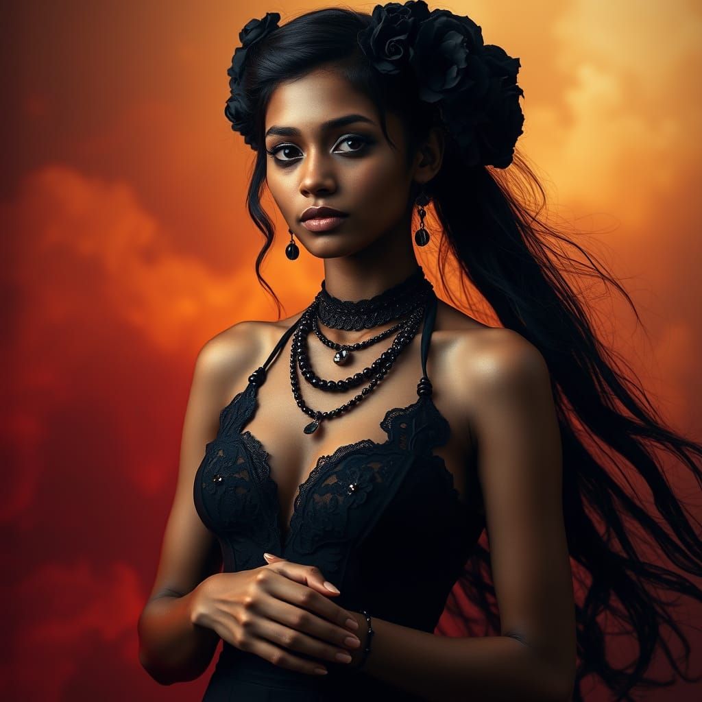 Tamil Woman Portrait with Gothic Fashion and Fiery Backgroun...