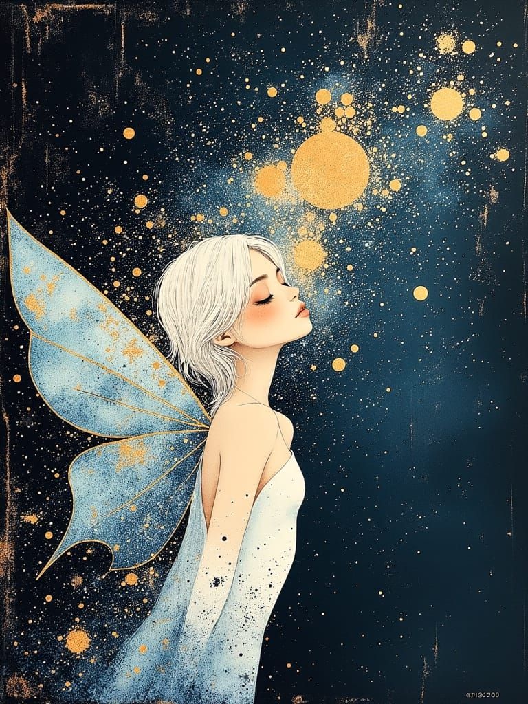 Galactic Fairy with Nebula Wings in Ink and Watercolor Style