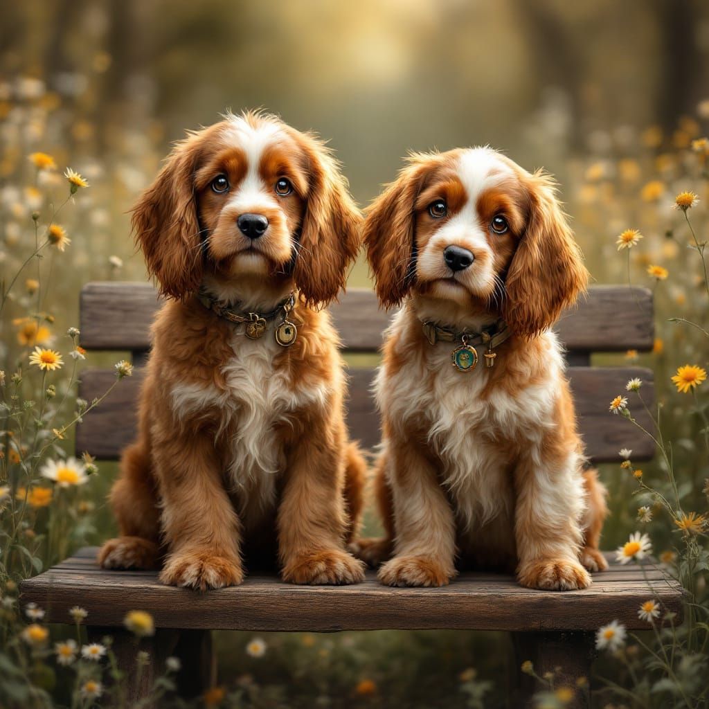Photorealistic Cocker Spaniels on Wooden Bench with Wildflow...