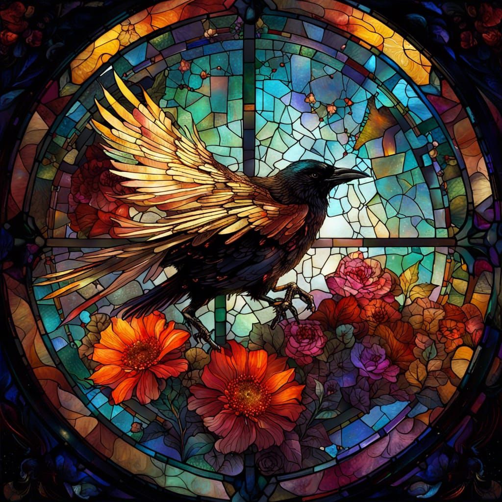Luminous Stained Glass Crow with Constellations
