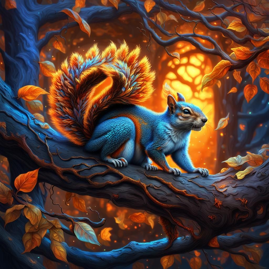 Squirrel Dragon on Mystical Tree Branch