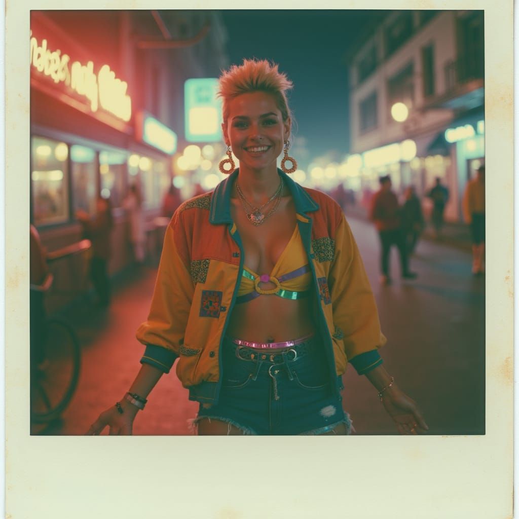 80s Dancer in Neon City: Retro Polaroid Photo