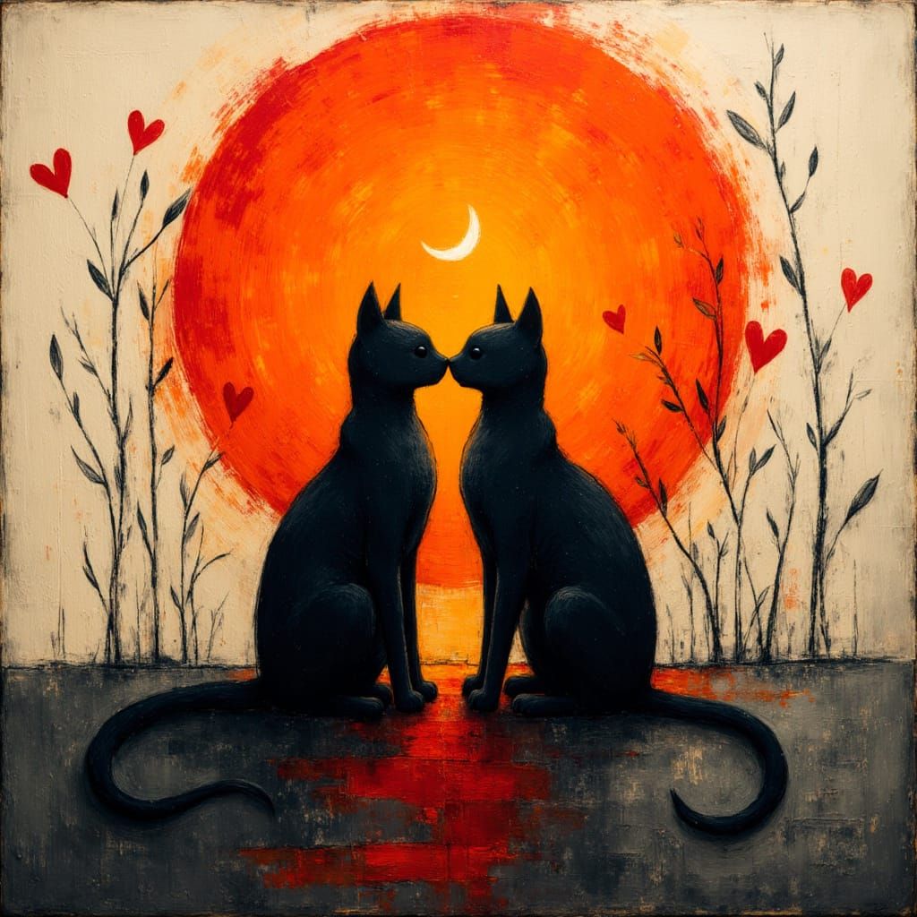 Two Black Cats Under a Painterly Sun