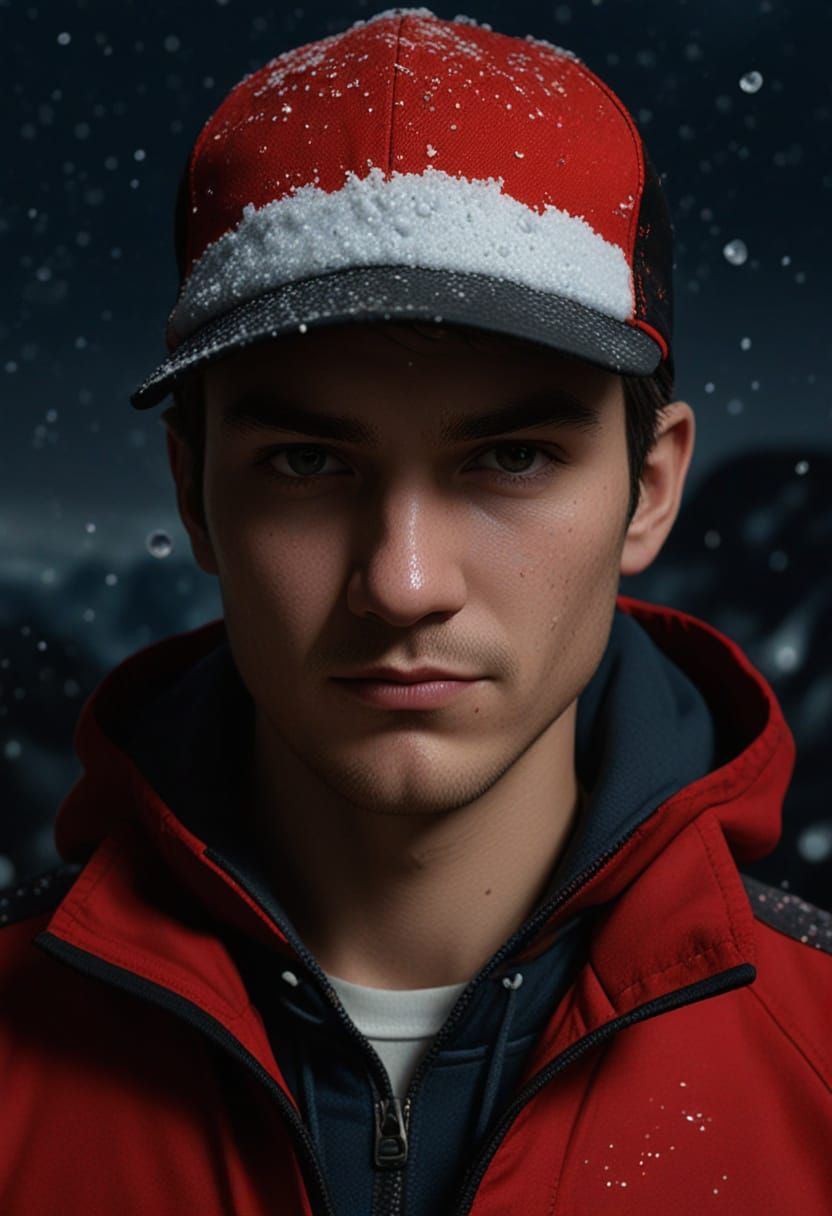 Pokemon Trainer Red on Mount Silver in Photorealistic Style