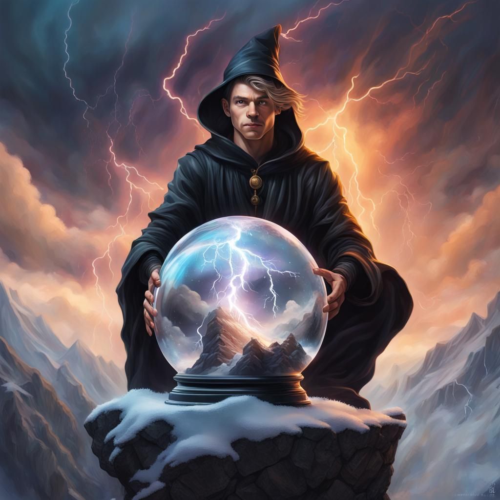 Young Wizard with Storm Snowglobe, Hyperrealistic Digital Ar...