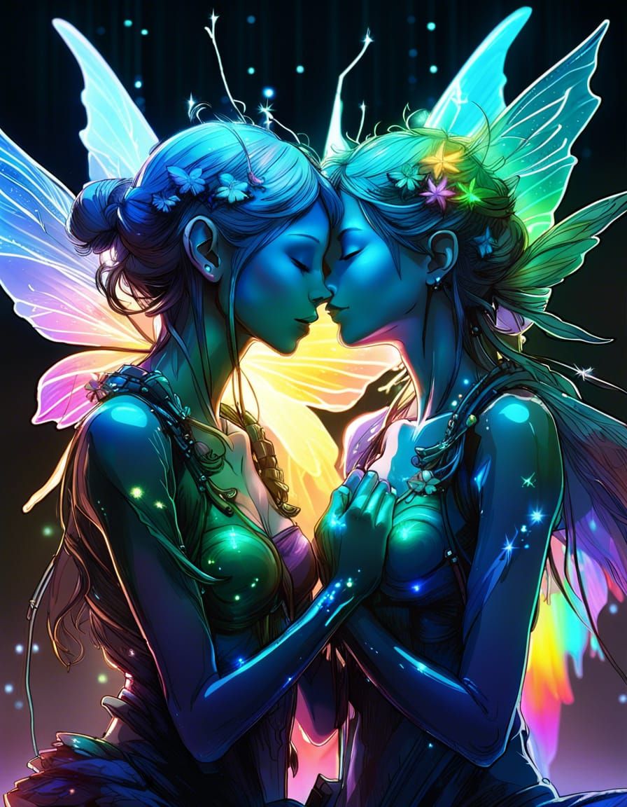 Mesmerizing Kissing Fairies in Rainbow Constellations