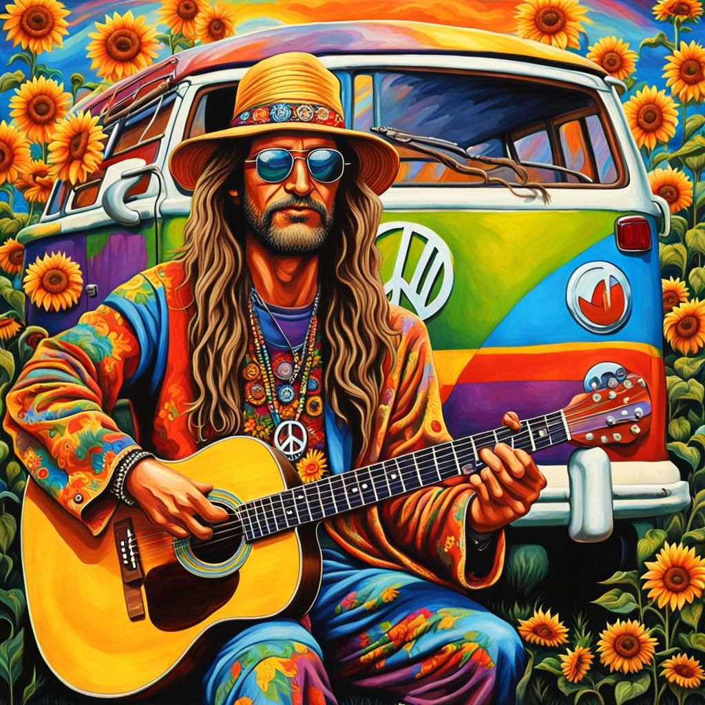 Psychedelic Guitarist with VW Bus in Martin Sharp Style