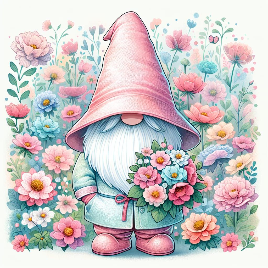 Illustration of an adorable Swedish gnome in a Disney Pixar style with a floppy hat covering his eyes completely. He is ...