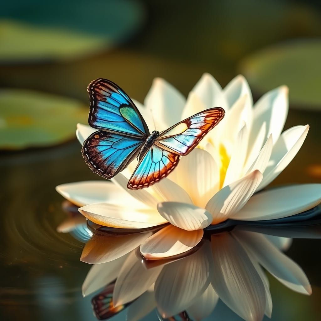 Butterfly Alights on Waterlily in Soft Morning Light