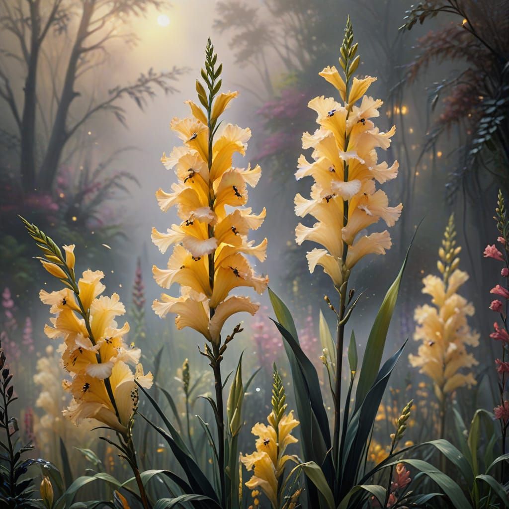 Ethereal Black and Gold Gladiolus Blooms in Enchanting Oil P...