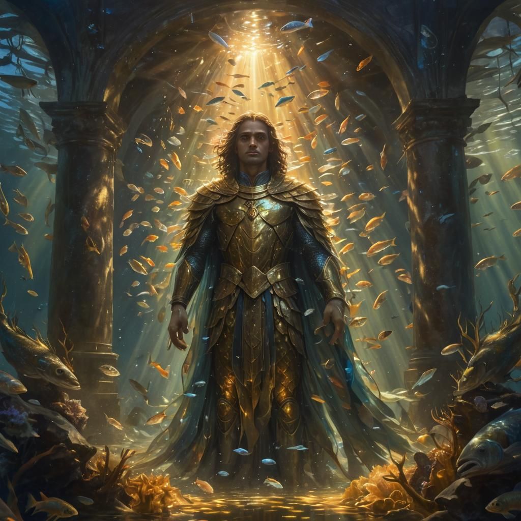 Ethereal Saint Among Fish in Surreal Oil Painting