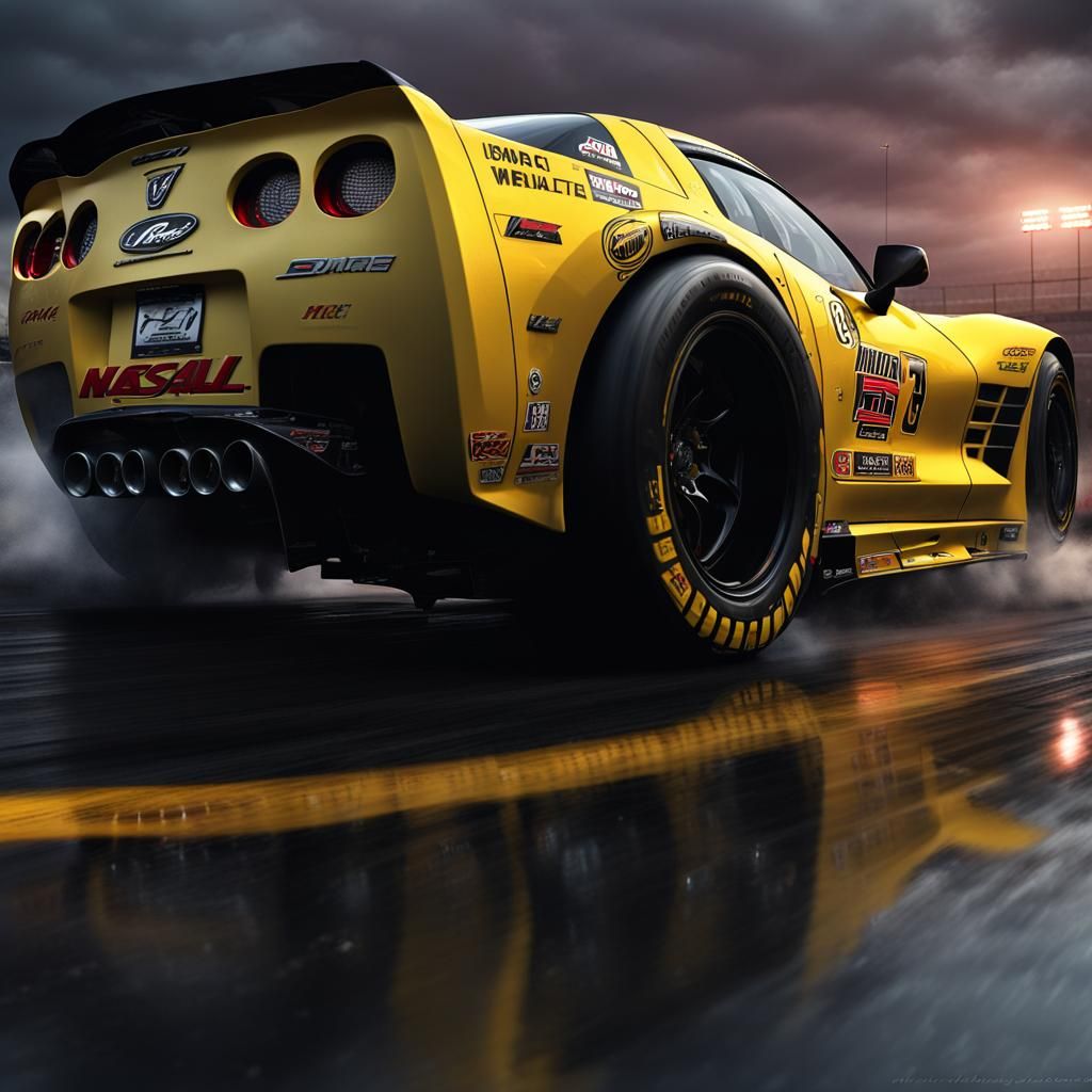 "Very long and incredible wide, flat NASCAR Corvette, yellow, incredible big and wide rear wheels, big engine, small fro...