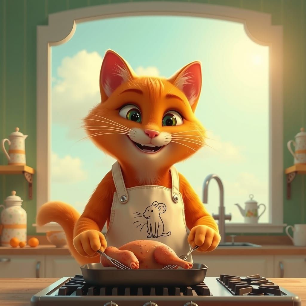 Happy Red Cat Cooking Chicken in Green Kitchen